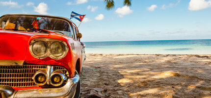 American classic car on the beach Cayo Jutias, Province Pinar del Rio, Cuba Cayo Jutias, Cuba - December 14, 2016: American classic car on the beach Cayo Jutias, Province Pinar del Rio, Cuba